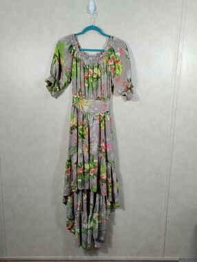 G119 Jeff Gallano tan floral & bird print high low tiered S/S dress 2 NEW